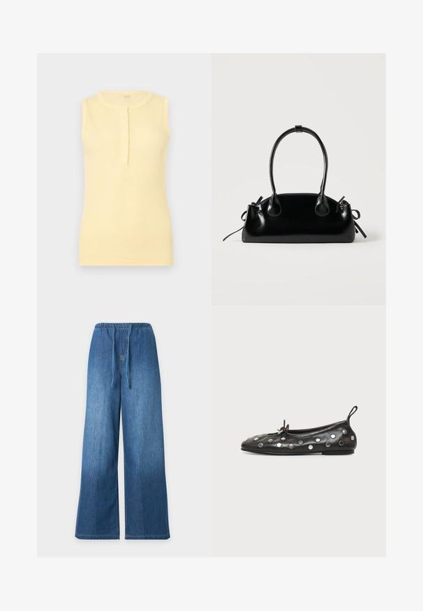 Débardeur jaune côtelé sans manches avec un col rond et une patte de boutonnage à l'avant comportant quatre boutons.; Pantalon en denim bleu à jambes larges avec taille élastique et fermeture avant par cordon sur fond clair uni.; Ballerine plate en cuir noir avec des clous ronds argentés, un petit nœud sur le dessus et une languette à l'arrière sur fond blanc.; Petit sac à main noir brillant avec deux longues anses et des détails à cordon sur les côtés sur un fond clair uni.