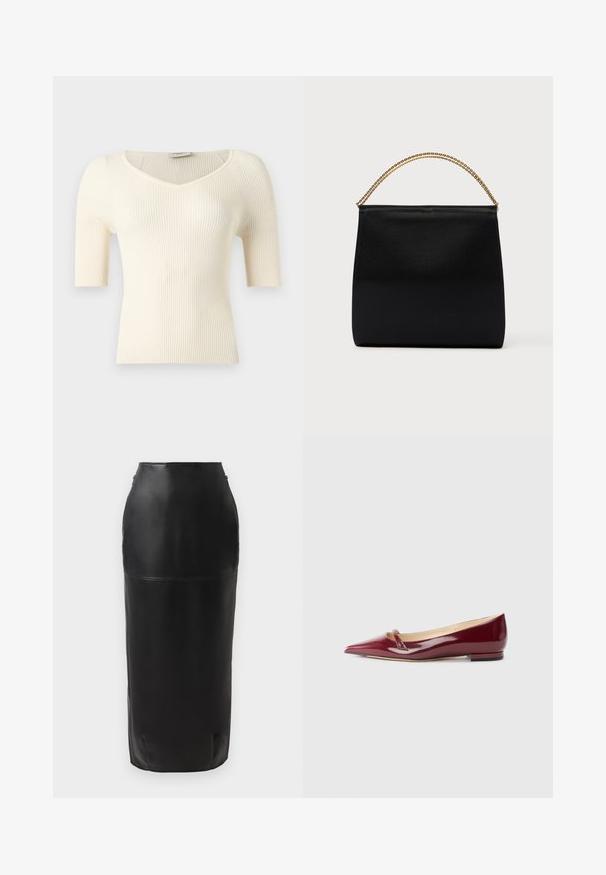 Haut court à manches courtes en maille côtelée crème avec col en V et silhouette ajustée, présenté sur un fond uni.; Jupe midi en cuir noir avec une silhouette ajustée, texture lisse, taille haute et fermeture éclair discrète sur le côté. Aucun motif ni accent.; Ballerines en cuir verni bordeaux avec un bout pointu, présentant un petit détail découpé et un petit talon. Texture lisse et design épuré.; Sac noir en tissu lisse, présentant une forme structurée, une poignée en chaîne dorée et un design géométrique minimaliste.