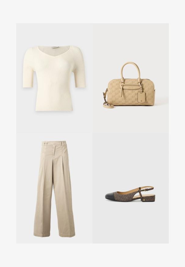 Crème ribgebreide top met korte mouwen, V-hals en aansluitende pasvorm, weergegeven op een effen achtergrond.; Beige hoge taille wijde pijpen broek met riemlussen, voorplooien en zijzakken, getoond op een eenvoudige lichte achtergrond.; Slingback schoen met een bruine gestreepte stoffen bovenkant en een zwarte leren neus. Heeft een kleine blokhak en een gespstrap.; Beige Michael Kors handtas met geperst MK-patroon, dubbele handvatten, voorvak met rits en afneembare schouderband op een witte achtergrond.