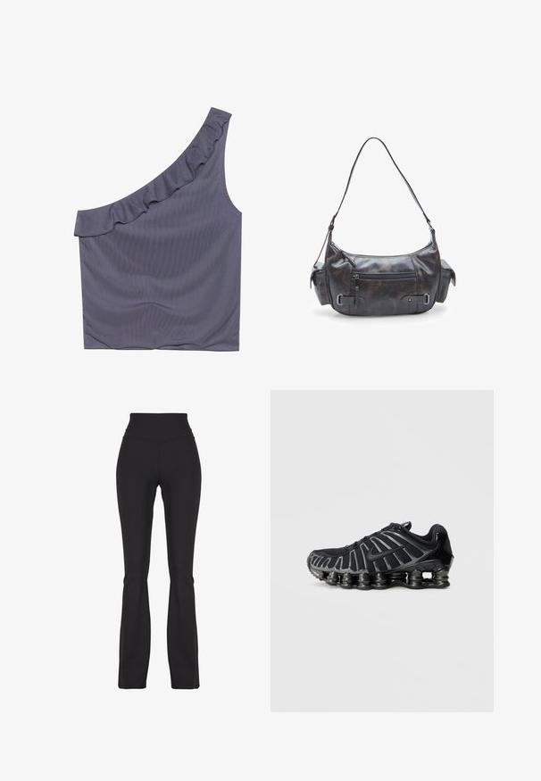 Asymmetrisk top med én skulder i mørkegrå stof, udstyret med en flæse ved halsudskæringen og en glat overflade. Simpelt, tætsiddende design uden yderligere mønstre.; Sorte flared leggings lavet af strækbart stof, med en høj talje og glat tekstur, designet til komfort og bevægelighed.; Sort sportssko med en tekstureret mesh-overdel og en karakteristisk klodset sål med afrundede sektioner. Snørebånd og forstærket hæl for støtte.; Mørkebrunt læder skuldertaske i en buet form, med en frontlomme med lynlås, justerbar strop og sidelommer. Glat tekstur.