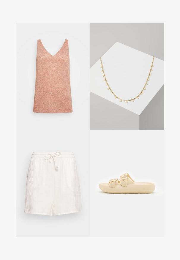 ONLY ONLMELODY TANK - Top - brandied melon; ONLY Mini - Shorts - cloud dancer; Sandalia beige tipo slip-on con parte superior texturizada, correas ajustables con hebilla y una suela gruesa y acolchada. Diseño liviano adecuado para uso casual.; Collar de cadena de oro con pequeños colgantes redondos y texturizados espaciados uniformemente a lo largo de la longitud, con un acabado pulido y eslabones delicados.
