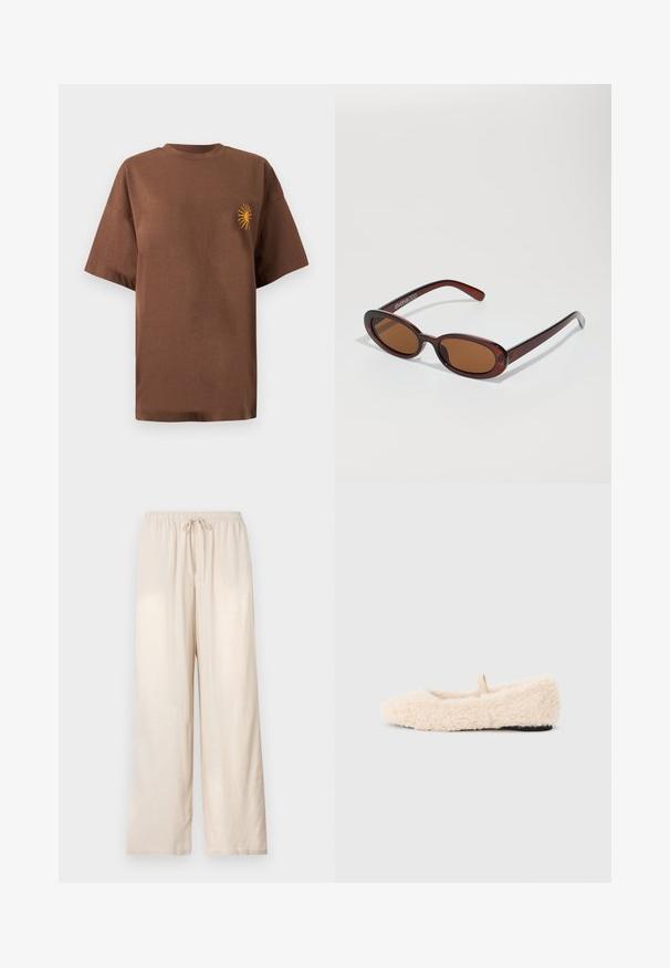Bruine T-shirt met korte mouwen, een kleine gele zon-afbeelding op de linkerborst, ronde hals en een losse pasvorm.; Beige broek met losse pasvorm, elastische tailleband en een trekkoord aan de voorkant, rechte pijpen, getoond tegen een effen lichte achtergrond.; Pluizig, crèmekleurig slipper met een zachte textuur, ronde neus, minimalistisch ontwerp en een klein stoffen lusje aan de achterkant voor gemakkelijk aan- en uittrekken.; Ronde, bruin getinte zonnebril met een glanzend bordeauxrood frame. Slanke pootjes met subtiele merkdetails. Vlakke lensontwerp.