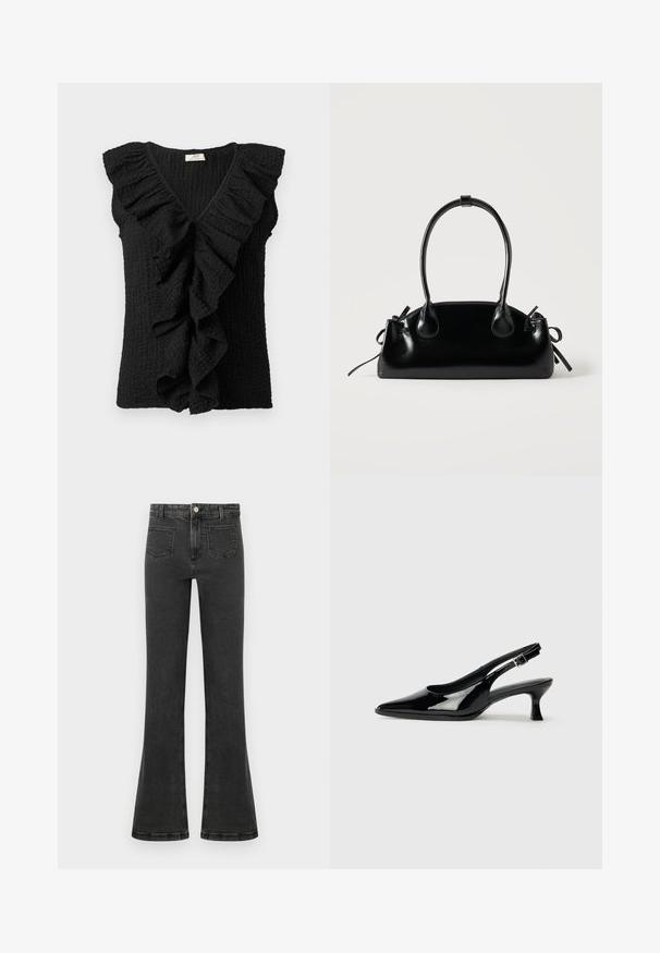 Blouse sans manches texturée noire avec un décolleté en V profond et de grands volants tombant sur le devant et le long des épaules.; Jean en denim noir taille haute avec une légère évasement, bouton et fermeture éclair à l'avant, et poches plaquées à l'avant.; Escarpins en cuir verni noir avec un bout pointu et un petit talon carré. Sangle réglable à la cheville avec boucle.; Petit sac à main noir brillant avec deux longues anses et des détails à cordon sur les côtés sur un fond clair uni.