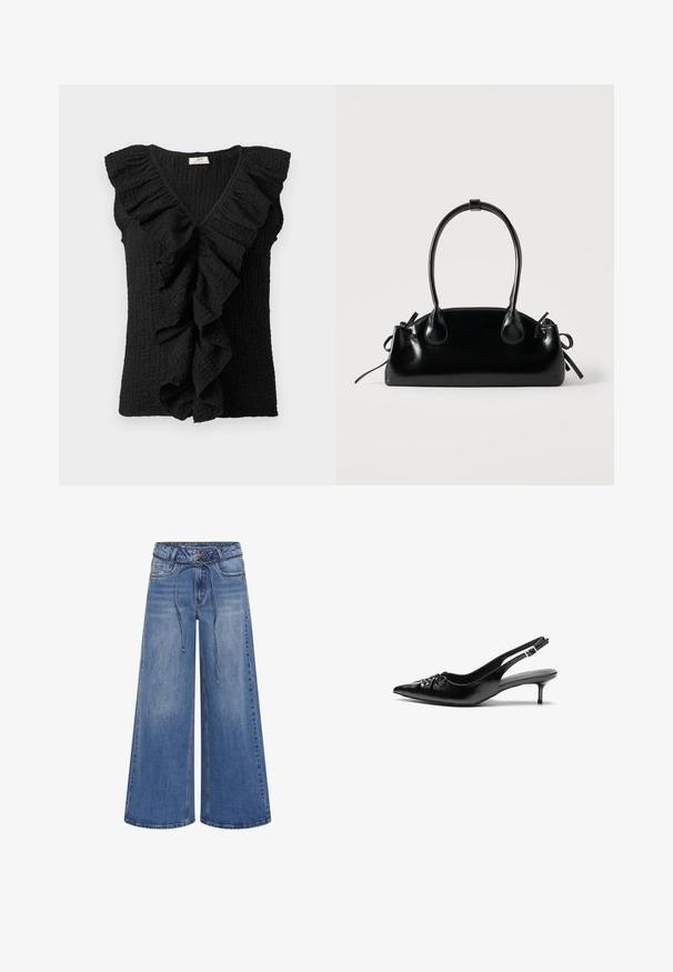 Čierna textúrovaná blúzka bez rukávov s hlbokým výstrihom do V a veľkými volánmi na prednej strane a pozdĺž ramien.; My Essential Wardrobe MWKARO 144 MID XWIDE - Široké nohavice - medium blue wash; Čierne kožené sandále na podpatku so špičatou špičkou, nízkym širokým podpätkom a nariaseným detailom na priehlavku. Hladká textúra a minimalistický dizajn.; Malá čierna lesklá kabelka s dvoma dlhými rúčkami a bočnými šnúrkovými detailmi na jednoduchom svetlom pozadí.