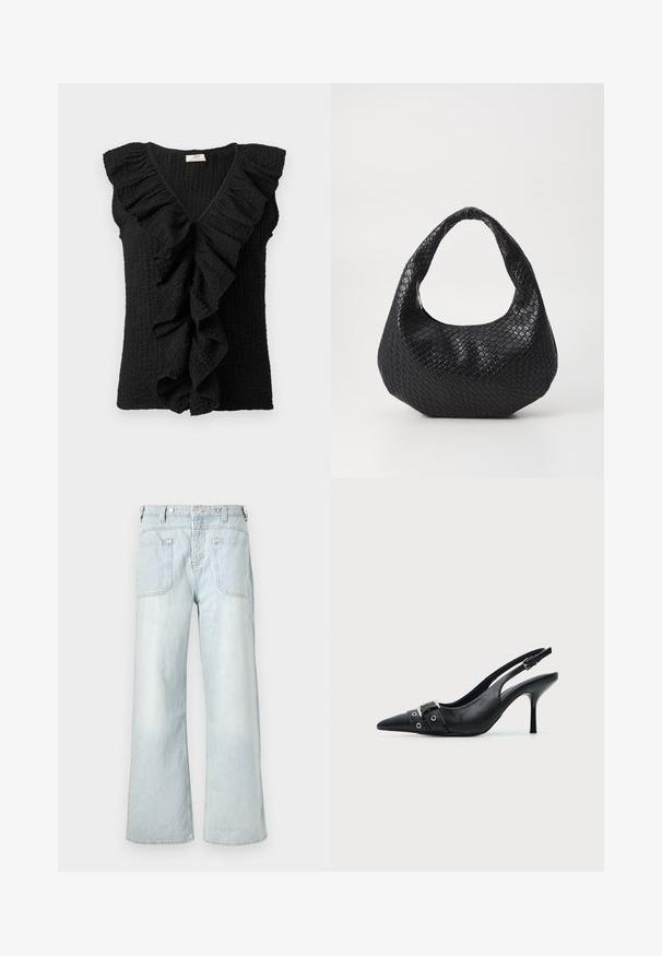Schwarze, strukturierte, ärmellose Bluse mit tiefem V-Ausschnitt und großen Rüschen, die vorne und entlang der Schultern herabfließen.; Hellblaue, weit geschnittene Jeans aus Denim mit hoher Taille, zwei Gesäßtaschen und subtilen Verfärbungen, verziert mit gelben Nähten.; Schwarzer Leder Slingback-Pumps mit spitzer Vorderkappe und einem Schnallen- und Ösenriemen vorne.; Schwarze gewebte Handtasche mit einem gebogenen Griff, die eine strukturierte Oberfläche und eine lässige Form hat. Glatte Oberfläche mit einer organischen Silhouette.