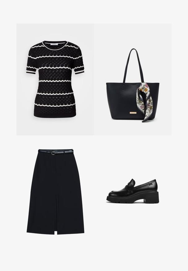 Haut court en tricot noir présentant un motif texturé avec des rayures en zigzag blanches. Encolure arrondie et poignets et ourlet côtelés.; Jupe noire à mi-cuisse avec une fente frontale, fabriquée en tissu lisse. Comprend une fine ceinture noire avec une boucle en argent et des passants.; Mocassin noir en cuir avec un talon épais, une semelle épaisse et un détail en sangle sur le dessus, présenté de côté sur un fond blanc.; Sac fourre-tout en cuir noir avec deux poignées, orné d'une écharpe en soie florale attachée à la poignée et d'un accent logo métallique à l'avant.
