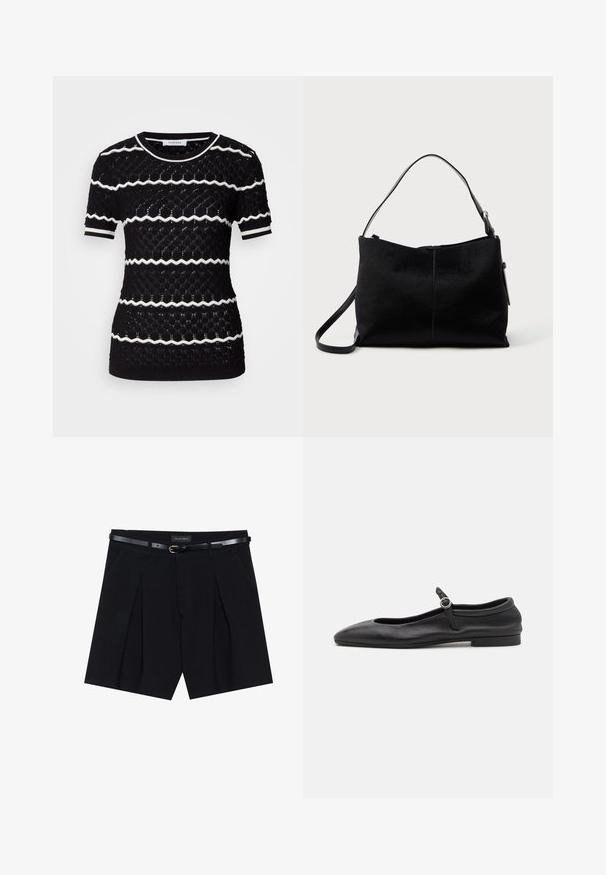 Sort strikket top med korte ærmer, der har et struktureret mønster med hvide zigzag-striber. Rund halsudskæring og ribbede manchetter og kant.; Sorte skræddersyede shorts med folder, udstyret med et slankt sort bælte med en gylden spænde. Fremstillet af et glat stof, der giver et poleret udseende.; Sorte læder balletflade med en rund tå, smal vamp og en lille ankelrem med en cirkulær spænde. Lav, flad sål.; Sort skuldertaske med en glat, tekstureret overflade, prydet med en enkelt rem og en lynlåslukning øverst. Kompakt rektangulær form.