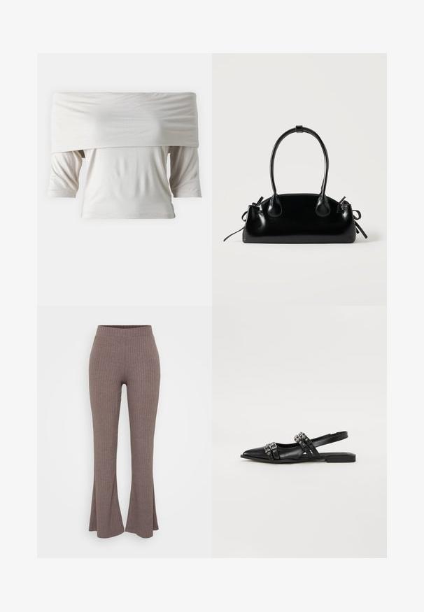 Off-shoulder witte top met korte mouwen, gemaakt van zachte stof. Heeft een losse pasvorm en een gladde textuur, met een minimalistisch ontwerp.; Bruine geribbelde flared broeken met een hoge, rekbare tailleband en een zachte textuur, met een subtiel verticaal patroon in het geheel.; Even&Odd by Zalando Slingback ballerina´s - black; Kleine zwarte glanzende handtas met twee lange hengsels en zijkant trekkoord details op een effen lichte achtergrond.