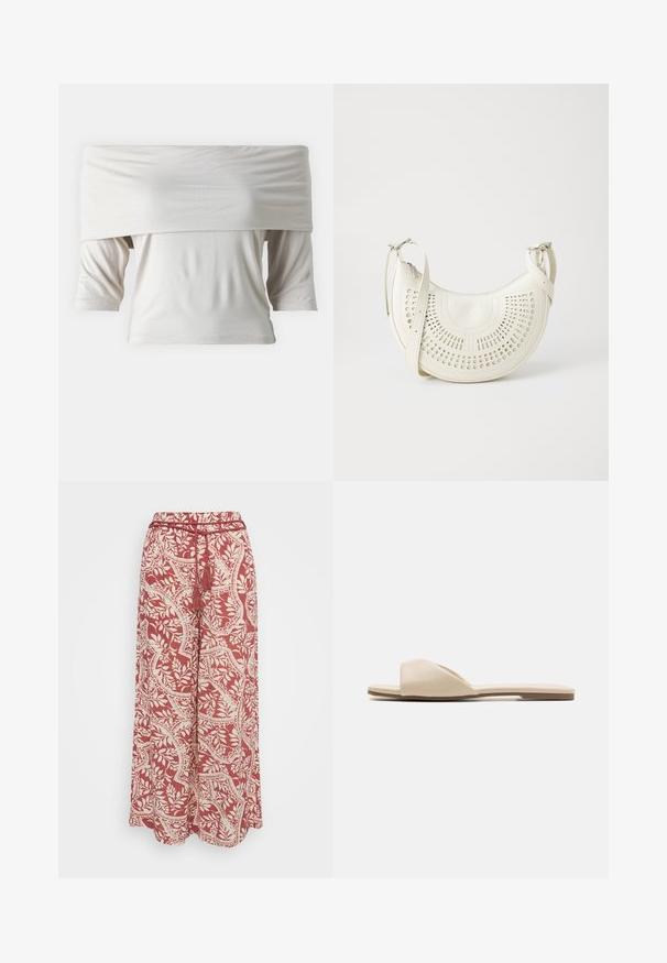 Haut blanc décolleté avec des manches courtes, fabriqué en tissu doux. Présente une coupe ample et une texture lisse, avec un design minimaliste.; Vero Moda Petite VMBALI WIDE PANTS - Pantalon classique - marsala; Des sandales plates en matériau beige doux, avec un design ouvert à l'avant, une texture lisse et une forme minimaliste, accompagnées d'une semelle marron clair.; Sac à épaule en simili cuir blanc vegan avec un design circulaire perforé, une bandoulière réglable et un logo gravé à l'avant. Fermeture éclair en haut.