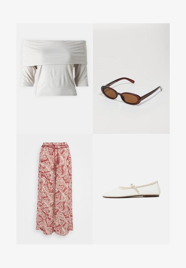 Top blanco de tirantes caídos con mangas cortas, hecho de una tela suave. Presenta un ajuste holgado y una textura suave, con un diseño minimalista.; Vero Moda Petite VMBALI WIDE PANTS - Pantalones - marsala; Zapato plano Mary Jane blanco con puntera puntiaguda, tira delgada ajustable con hebilla plateada y suela marrón sobre fondo blanco.; Gafas de sol redondas con tinte marrón y un marco burdeos brillante. Patillas delgadas con un sutil detalle de marca. Diseño de lentes planos.