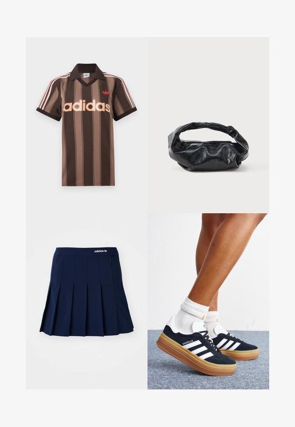 Brunstribet Adidas polo-shirt med V-hals, bordeaux krave og rødt logo. Har hvide og røde skulderstriber samt korte ærmer.; Marineblå plisseret nederdel lavet af letvægtsstof; har en elastisk talje og en lille lynlås-lomme, med et hvidt Adidas-logo på forsiden.; Ben iført hvide sokker og sorte Adidas Gazelle sneakers med hvide striber og tykke brune såler på et gråt tæppe.; Sort taske lavet af blankt, tekstureret materiale med et cirkulært, snoet håndtag og lynlås. Har et blødt, rynket design.
