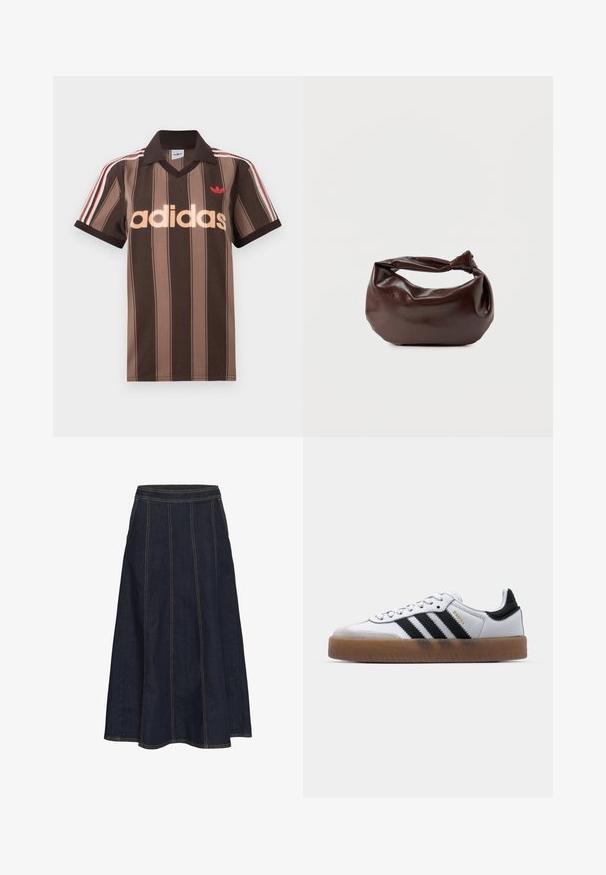 Bruine gestreepte Adidas polo met V-hals, bordeauxrode kraag en rood logo. Heeft witte en rode schouderstrepen, korte mouwen.; Donkerdenim A-lijn rok met een brede tailleband, zichtbare stiksels en een uitlopende zoom. Er zijn geen zakken of versieringen aanwezig.; Witte leren sneakers met zwarte strepen, gumrubberen buitenzool, ronde neus, vetersluiting en een zachte grijze suède neuskap.; Donkerbruine leren schoudertas met een zachte, slungelige vorm en een gedraaide knoopvormige handgreep op een effen witte achtergrond.