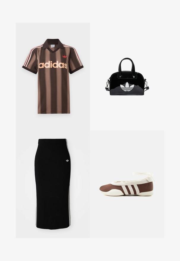 Polo Adidas marrón con rayas, cuello en V, cuello burdeos y logo rojo. Presenta rayas blancas y rojas en los hombros, mangas cortas.; Falda midi negra con diseño ajustado, que presenta franjas laterales blancas y un pequeño emblema blanco en el lado izquierdo.; Zapato plano de ballet marrón y blanco con tres franjas blancas y lazo para atar en el tobillo sobre un fondo claro y sencillo.; Bolso de mano de charol negro con forma redondeada, dos asas en la parte superior, acentos plateados y un prominente logotipo blanco en la parte delantera.