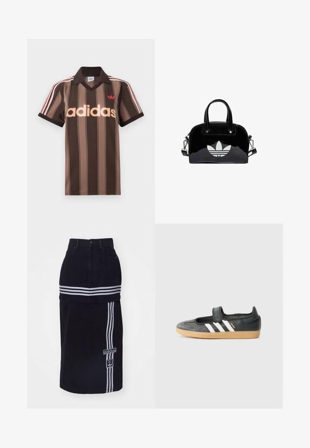 Bruine gestreepte Adidas polo met V-hals, bordeauxrode kraag en rood logo. Heeft witte en rode schouderstrepen, korte mouwen.; Zwarte spijkerrok met een hoge taille, voorzien van twee witte horizontale strepen, een Adidas logo tag aan de zijkant en een recht gesneden ontwerp.; Zwarte leren en suède sneaker met een klittenbandsluiting, voorzien van drie witte strepen en een gumzool, met de naam "SAMBA" aan de zijkant.; Zwarte gepatenteerde leren handtas met een afgeronde vorm, dubbele handvaten bovenaan, zilveren accenten en een opvallend wit logo aan de voorkant.