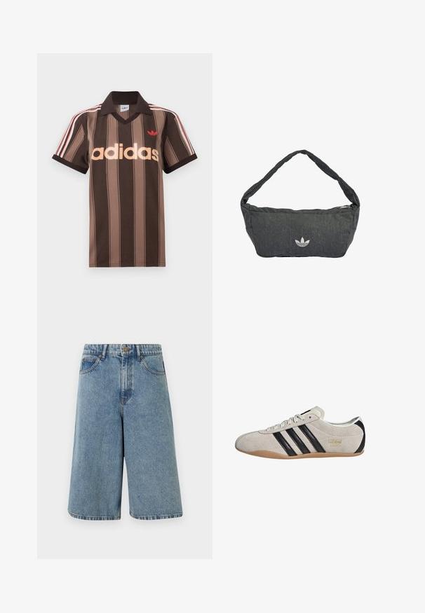 Hnedé prúžkované polo tričko Adidas s výstrihom do V, bordovým golierom a červeným logom. Má bielo-červené pruhy na ramenách a krátke rukávy.; Svetlomodré rifle kraťasy do kolien s prednými vreckami, opaskovými očkami a zapínaním na gombík.; Semišové tenisky so šedým zvrškom, čiernymi pruhmi a gumovou podrážkou. Majú šnurovanie a zlatý logový detail na boku.; Tmavomodrá tmavosivá taška cez rameno vyrobená z textúrovanej látky, s uzatváraním na zips a vyšívaným logom na prednej strane. Dlhý, zaoblený popruh.