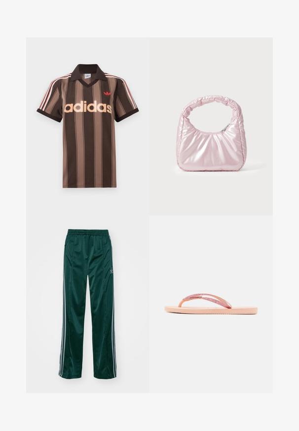 Polo Adidas rayé marron avec col en V, col bordeaux, et logo rouge. Comprend des rayures blanches et rouges sur les épaules, manches courtes.; Pantalons de sport vert foncé en matériau brillant, avec des bandes latérales gris clair et un logo brodé sur la jambe gauche.; Tongs roses avec une lanière pailletée, une semelle en caoutchouc texturée et un design plat simple. Les accents incluent une pièce de connexion brillante.; Sac à main rose rembourré avec un design arrondi, fabriqué à partir d'un matériau brillant. Dispose d'une poignée froncée et d'une fermeture éclair pour un accès sécurisé.
