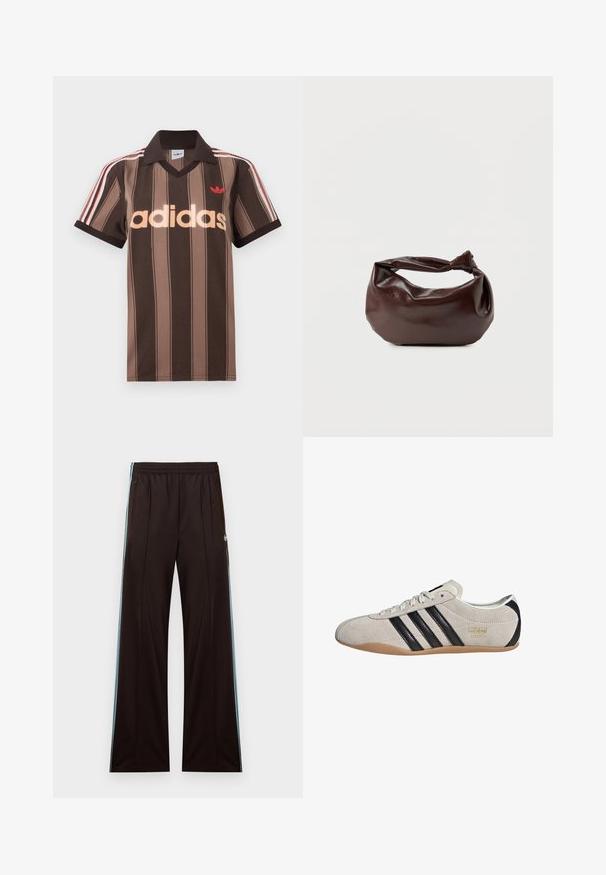 Hnedé prúžkované polo tričko Adidas s výstrihom do V, bordovým golierom a červeným logom. Má bielo-červené pruhy na ramenách a krátke rukávy.; Čierne široké teplákové nohavice s svetlomodrými bočnými pruhmi, elastickým pásom, vreckami na zips a logom Adidas na ľavom bedre.; Semišové tenisky so šedým zvrškom, čiernymi pruhmi a gumovou podrážkou. Majú šnurovanie a zlatý logový detail na boku.; Tmavohnedá kožená kabelka cez rameno s mäkkým, voľným tvarom a držadlom v podobe skrúteného uzla na jednoduchom bielom pozadí.
