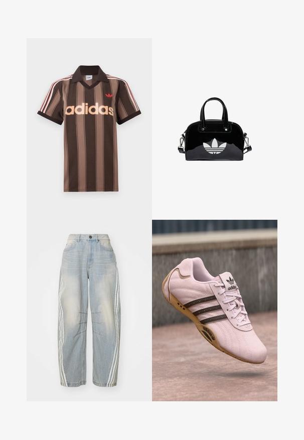 Hnedé prúžkované polo tričko Adidas s výstrihom do V, bordovým golierom a červeným logom. Má bielo-červené pruhy na ramenách a krátke rukávy.; Svetlo modré džíny s voľným strihom, s bielymi pruhmi po stranách, so zničenými detailmi a so zapínaním na gombík v páse.; Ružové semišové športové topánky s gumovou podrážkou, s tromi tmavými pruhmi, šnúrkami a logom Adidas na jazyku. Zaoblený dizajn špičky.; Čierna lakovaná kožená kabelka s okrúhlym tvarom, dvojitými hornými rúčkami, striebornými akcentmi a výrazným bielym logom na prednej strane.