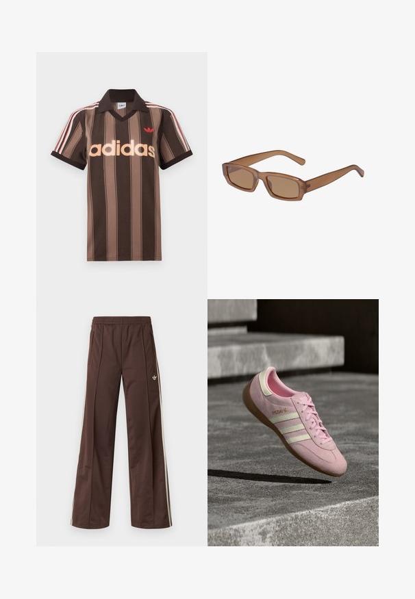 Καφέ ριγέ πόλο μπλουζάκι Adidas με V-λαιμόκοψη, μπορντό γιακά και κόκκινο λογότυπο. Διαθέτει λευκές και κόκκινες ρίγες στους ώμους, κοντά μανίκια.; Καφέ αθλητικό παντελόνι με φαρδιά γραμμή, λευκές πλαϊνές ρίγες, ελαστική μέση και δύο πλαϊνές τσέπες. Διαθέτει μικρό λογότυπο στο πόδι.; Ροζ σουέντ αθλητικό παπούτσι με τρεις λευκές ρίγες, δέσιμο με κορδόνια, σόλα από καουτσούκ και χρυσή λεπτομέρεια λογότυπου στο πλάι. Μαλακή υφή με στρογγυλεμένο σχήμα.; Καφέ, ορθογώνια γυαλιά ηλίου με διαφανή σκελετό, λεπτούς βραχίονες και φιμέ φακούς, με λεία υφή και σύγχρονο σχεδιασμό.
