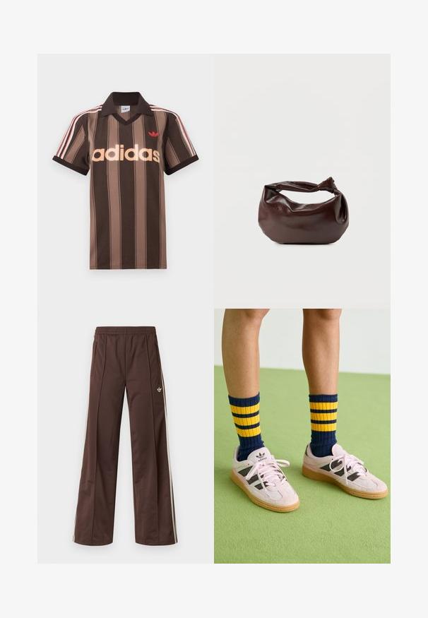 Pruunide triipudega Adidas polotee, V-kaelusega, bordeau krae ja punase logoga. Omad valge ja punase triibuga õlad ning lühikesed varrukad.; Pruunid sportpüksid laiade säärtega, valgete küljeribadega, elastse vöökohaga ja kahe küljetaskuga. Jalal on väike logo.; Kerged roosa seemisnahast tossud mustade triipudega ja kummist tallaga, koos tumesiniste ja kollaste triipudega ribakudumiga sokkidega. Roheline tekstuuriga põrand.; Tumepruunast nahast õlakott, pehme ja lõdva vormiga, keeratud sõlme tüüpi sangaga, valgel ühevärvilisel taustal.