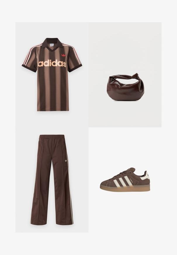 Polo Adidas marrón con rayas, cuello en V, cuello burdeos y logo rojo. Presenta rayas blancas y rojas en los hombros, mangas cortas.; Pantalones deportivos marrones con diseño de pierna ancha, franjas laterales blancas, cintura elástica y dos bolsillos laterales. Presentan un pequeño logo en la pierna.; Zapatilla de ante marrón con detalles en cuero blanco y tres rayas blancas. Presenta una puntera redonda y una suela de goma. Logotipo en el lateral.; Bolso de hombro de cuero marrón oscuro con una forma suave y caída, y un asa con nudo torcido sobre un fondo blanco liso.