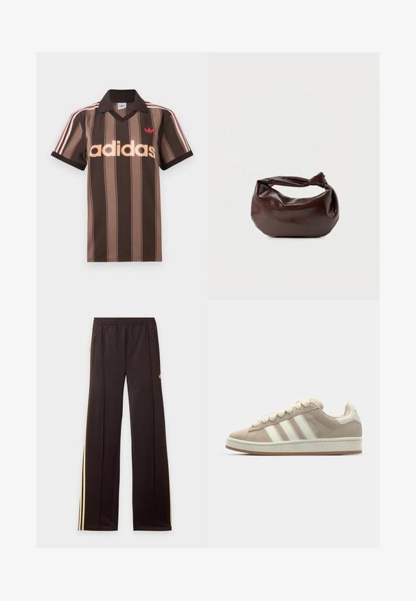 Hnedé prúžkované polo tričko Adidas s výstrihom do V, bordovým golierom a červeným logom. Má bielo-červené pruhy na ramenách a krátke rukávy.; Čierne tepláky so žltými bočnými pruhmi, elastickým pásom, bočnými vreckami na zips a malým logom na hornej časti stehna.; Hnedé semišové tenisky s bielymi koženými pruhmi a šnúrkami, gumová podrážka, polstrovaný golier a textúrované detaily na vrchnej strane.; Tmavohnedá kožená kabelka cez rameno s mäkkým, voľným tvarom a držadlom v podobe skrúteného uzla na jednoduchom bielom pozadí.