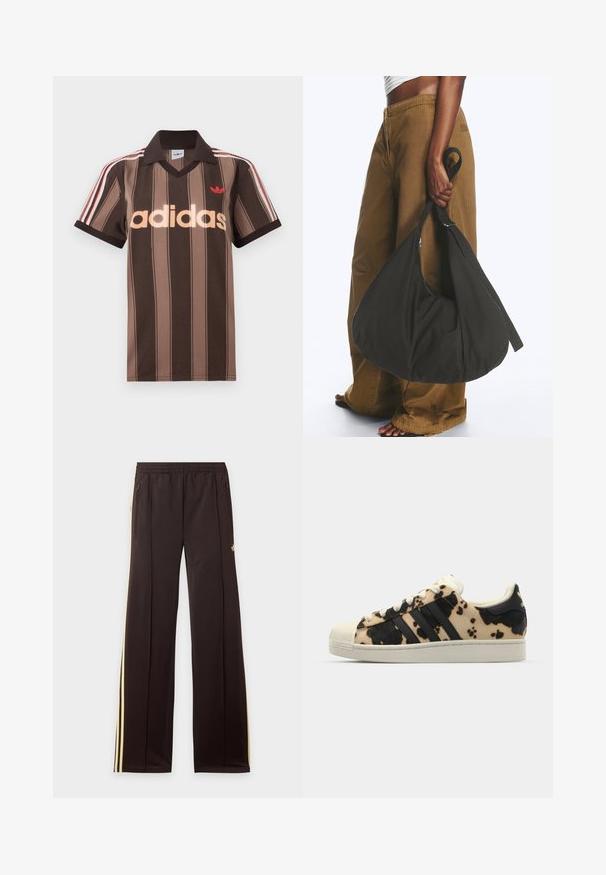 Brunstribet Adidas polo-shirt med V-hals, bordeaux krave og rødt logo. Har hvide og røde skulderstriber samt korte ærmer.; Sorte træningsbukser med gule sidelister, elastisk taljebånd, lynlåslommer i siderne og en lille logo på den øvre lår.; Sko med koshudsmønster i beige og sort, tre sorte striber, hvid gummitå, og struktureret sål. Har snørebånd og branding.; Person iført brune vidde bukser og hvid top holder en stor sort blød håndtaske i remmen ved siden.