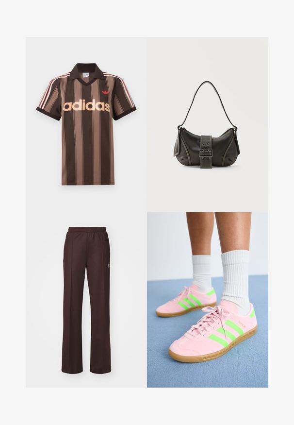 Hnedé prúžkované polo tričko Adidas s výstrihom do V, bordovým golierom a červeným logom. Má bielo-červené pruhy na ramenách a krátke rukávy.; Hnedé športové nohavice s elastickým pásom, dvoma bočnými vreckami a malým logom na ľavej strane, vyrobené z mäkkej látky.; Ružové semišové tenisky s neónovo zelenými pruhmi a svetlohnedými gumovými podrážkami. Vyznačujú sa štruktúrovaným materiálom a plochým šnurovacím dizajnom.; Čierna kožená kabelka cez rameno s detailom prackového popruhu, zaoblenými okrajmi a kontrastným bielym prešívaním na jednoduchom pozadí.