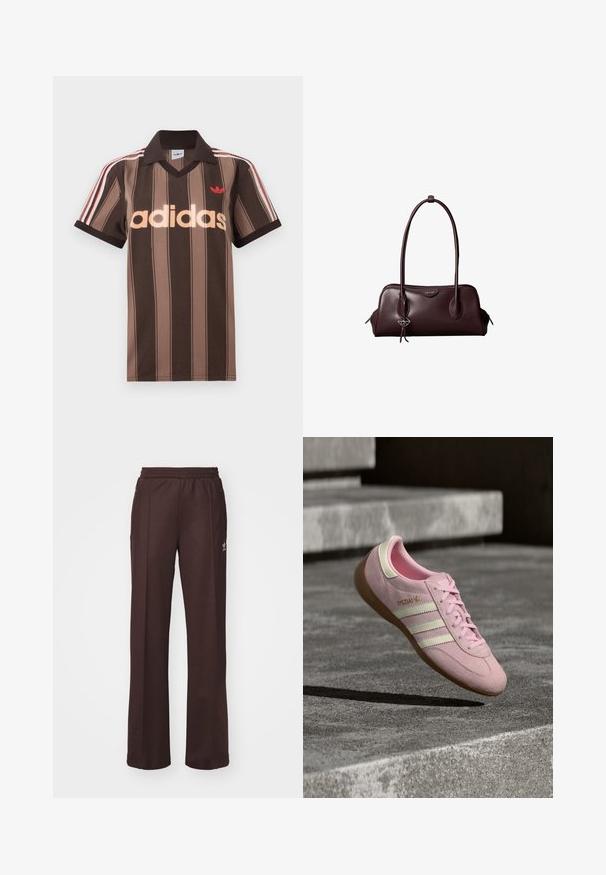 Καφέ ριγέ πόλο μπλουζάκι Adidas με V-λαιμόκοψη, μπορντό γιακά και κόκκινο λογότυπο. Διαθέτει λευκές και κόκκινες ρίγες στους ώμους, κοντά μανίκια.; Καφέ αθλητικά παντελόνια με ελαστική μέση, δύο πλαϊνές τσέπες και μικρό λογότυπο στην αριστερή πλευρά, κατασκευασμένα από μαλακό ύφασμα.; Ροζ σουέντ αθλητικό παπούτσι με τρεις λευκές ρίγες, δέσιμο με κορδόνια, σόλα από καουτσούκ και χρυσή λεπτομέρεια λογότυπου στο πλάι. Μαλακή υφή με στρογγυλεμένο σχήμα.; Σκούρα καφέ δερμάτινη τσάντα Calvin Klein με μακριές διπλές λαβές και ένα μικρό κρεμαστό λογότυπο κρεμασμένο από μία λαβή.