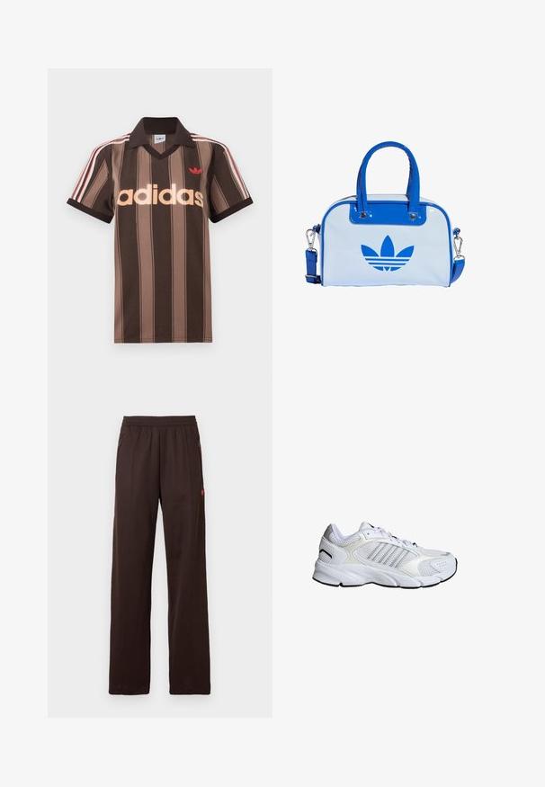Ruskearaidallinen Adidas-pikeepaita, jossa on V-aukko, viininpunainen kaulus ja punainen logo. Paidassa on valkoiset ja punaiset olkapääraidat sekä lyhyet hihat.; Tummanruskeat leveälahkeiset housut, joissa on joustava vyötärönauha ja sivuilla vetoketjutaskut, joissa on hienovarainen punainen logovaraus ylempänä reisissä.; Valkoinen urheilusandaali, jossa on hengittävää verkkoa ja synteettisiä materiaaleja, kolme hopeista raitaa, teksturoitu kumipohja ja pehmustettu nilkkakappale.; Sinivalkoinen kädessä kannettava laukku kiiltävällä pinnalla, jossa on kaksi sinistä kahvaa, irrotettava olkahihna ja näkyvä sininen logo edessä.