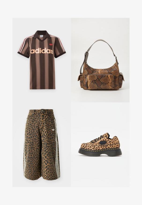 Barna csíkos Adidas galléros póló V-nyakkal, bordó gallérral és piros logóval. Fehér és piros vállcsíkokkal, rövid ujjú.; Barna, bőszárú rövidnadrág fekete leopárdmintával, fehér oldalsávokkal, gombos záródással, elülső zsebekkel és egy kis Adidas logóval a jobb oldalon.; Leopárdmintás platform sportcipők fekete fűzőkkel, texturált anyagból, vastag fekete gumitalpon sárga varrási részletekkel.; Barna kígyóbőrmintás kézitáska texturált felülettel, ívelt formával, egyszálú vállpánttal és elöl egy cipzáros zsebbel.