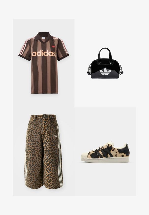 Hnedé prúžkované polo tričko Adidas s výstrihom do V, bordovým golierom a červeným logom. Má bielo-červené pruhy na ramenách a krátke rukávy.; Hnedé široké šortky s čiernym leopardím vzorom, bielymi bočnými pruhmi, gombíkovým zapínaním, prednými vreckami a malým logom Adidas na pravej strane.; Tenisky s vzorom z hovädzej kože v béžovej a čiernej farbe, tri čierne pruhy, biela gumená špička a textúrovaná podrážka. Obsahujú šnúrky a značkovanie.; Čierna lakovaná kožená kabelka s okrúhlym tvarom, dvojitými hornými rúčkami, striebornými akcentmi a výrazným bielym logom na prednej strane.