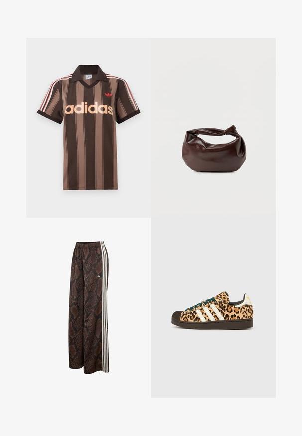 Καφέ ριγέ πόλο μπλουζάκι Adidas με V-λαιμόκοψη, μπορντό γιακά και κόκκινο λογότυπο. Διαθέτει λευκές και κόκκινες ρίγες στους ώμους, κοντά μανίκια.; Φαρδιά παντελόνια με καφέ και μαύρο σχέδιο φιδίσιας επιδερμίδας, λευκές πλαϊνές ρίγες και ελαστική μέση, με μικρό λογότυπο Adidas.; Χαμηλό αθλητικό παπούτσι με λεοπάρ τύπωμα, λευκές ρίγες Adidas, σκούρα καφέ σόλα, μαύρο κάλυμμα δακτύλων και σκούρα πράσινα κορδόνια σε λευκό φόντο.; Σκούρα καφέ δερμάτινη τσάντα ώμου με μαλακό, χαλαρό σχήμα και λαβή με στριμμένο κόμπο σε απλό λευκό φόντο.