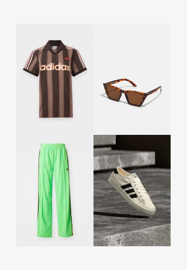 Brunstribet Adidas polo-shirt med V-hals, bordeaux krave og rødt logo. Har hvide og røde skulderstriber samt korte ærmer.; Grønne atletiske bukser lavet af glat, let materiale, med sorte sidestriber og et broderet logo på fronten.; Hvid Adidas-sneaker med sorte striber ser ud til at svæve over betontrin, vinklet så siden og snørebåndene vises i sollys.; Brune tonede solbriller med et skildpadde-mønster, vinklede stel og slanke arme. Letvægts plastmateriale.