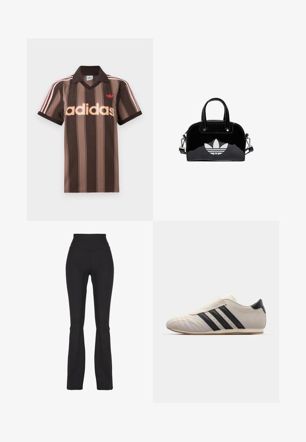 Brunstribet Adidas polo-shirt med V-hals, bordeaux krave og rødt logo. Har hvide og røde skulderstriber samt korte ærmer.; Sorte flared leggings lavet af strækbart stof, med en høj talje og glat tekstur, designet til komfort og bevægelighed.; Lys grå sneakers med sorte striber, afrundet tå, glat læderoverdel, Velcro-lukning og gummisål.; Sort patentlæder håndtaske med rund form, to top-håndtag, sølvdetaljer og en fremtrædende hvid logo på fronten.