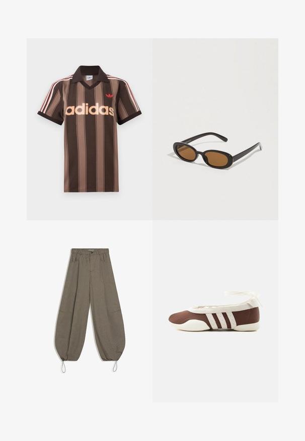 Polo Adidas rayé marron avec col en V, col bordeaux, et logo rouge. Comprend des rayures blanches et rouges sur les épaules, manches courtes.; Pantalon large à carreaux marron et noir avec taille élastique, poches avant, fermeture par bouton et cordons ajustables aux chevilles.; Chaussure plate de ballet marron et blanche avec trois bandes blanches et un nœud à nouer à la cheville sur un fond clair uni.; Lunettes de soleil avec des verres ovales marron, monture en plastique noir et branches fines. Texture lisse avec un design minimaliste.