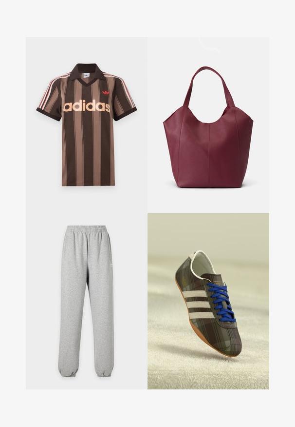 Polo Adidas rayé marron avec col en V, col bordeaux, et logo rouge. Comprend des rayures blanches et rouges sur les épaules, manches courtes.; Pantalon de survêtement gris clair avec taille et poignets élastiques, poches latérales et petit logo blanc sur la partie supérieure de la cuisse.; Baskets de sport à carreaux marron avec des lacets bleus, trois bandes blanches et une surface lisse, dotées d'une semelle en caoutchouc marron clair.; Sac fourre-tout en cuir bordeaux avec deux poignées robustes, présentant une texture lisse et un design effilé avec des détails de couture à l'avant.