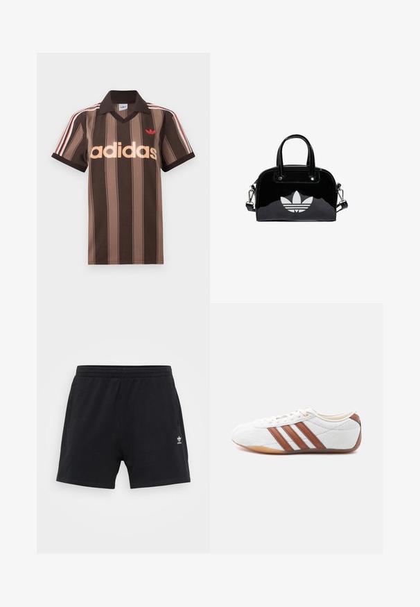 Hnedé prúžkované polo tričko Adidas s výstrihom do V, bordovým golierom a červeným logom. Má bielo-červené pruhy na ramenách a krátke rukávy.; Čierne atletické šortky z bavlny, s elastickým pásom, dvoma bočnými vreckami a malým bielym logom na ľavom stehne.; Biele nízke tenisky s hnedými koženými pruhmi, viazaním na šnúrky a podrážkou z gumovej gumy, zobrazené z vnútornej strany na bielom pozadí.; Čierna lakovaná kožená kabelka s okrúhlym tvarom, dvojitými hornými rúčkami, striebornými akcentmi a výrazným bielym logom na prednej strane.