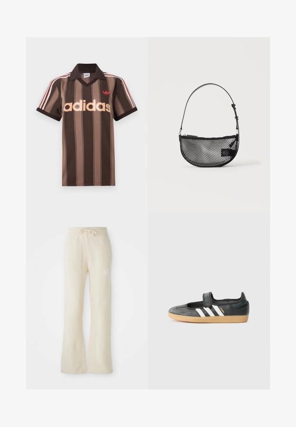 Polo Adidas rayé marron avec col en V, col bordeaux, et logo rouge. Comprend des rayures blanches et rouges sur les épaules, manches courtes.; Pantalons de sport couleur crème avec une texture douce, dotés d'une taille à cordon de serrage et de jambes évasées. Détail de logo subtil sur la hanche gauche.; Sneaker en cuir noir et suède avec une sangle Velcro, arborant trois bandes blanches et une semelle en caoutchouc, étiqueté "SAMBA" sur le côté.; Sac à main en maille noire forme demi-lune avec une courte bandoulière en cuir réglable et une fermeture éclair sur un fond clair uni.