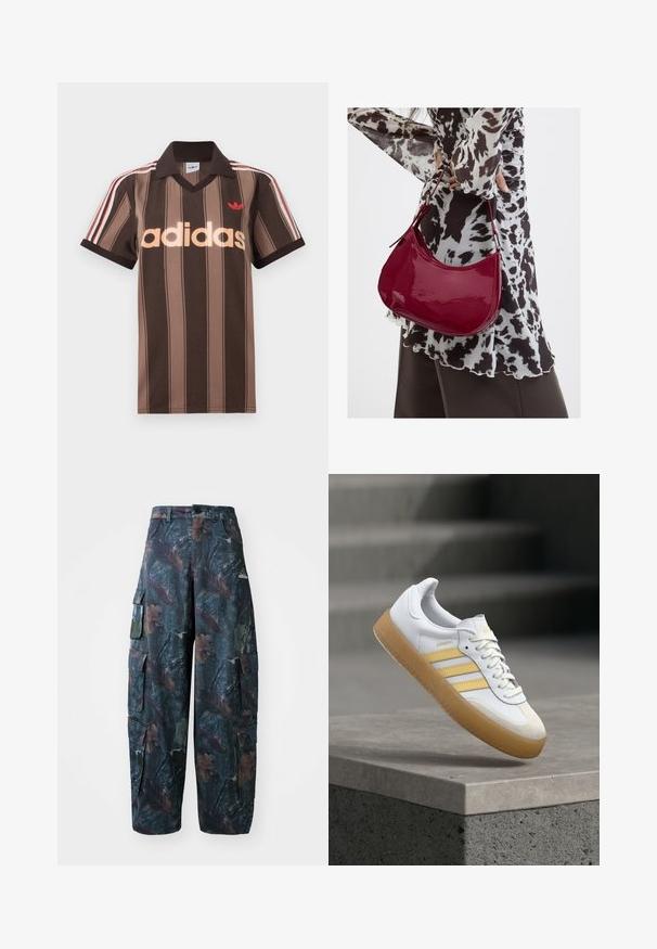 Brunstribet Adidas polo-shirt med V-hals, bordeaux krave og rødt logo. Har hvide og røde skulderstriber samt korte ærmer.; Camo cargo bukser i mørkegrøn og brun, med flere lommer og en løs pasform, lavet af letvægtigt, holdbart stof.; Hvid lædersneaker med gule accenter, tre striber og en gummisål i farven gum. Skoen har en rundet tå og en tekstureret tung.; Kvinde iført en sort- og hvidmønstret bluse, der holder en blank rød skuldertaske mod en ensfarvet baggrund.