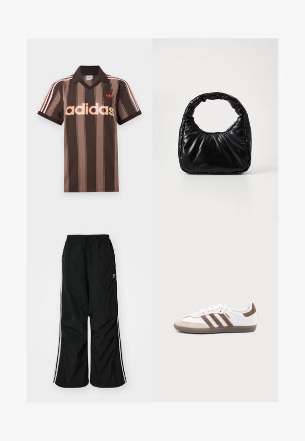 Brunstribet Adidas polo-shirt med V-hals, bordeaux krave og rødt logo. Har hvide og røde skulderstriber samt korte ærmer.; Sorte vindjakke-bukser med elastisk talje, snøre, hvide side-striber, løs pasform og en lille logo på venstre side.; Hvid Adidas Samba sneaker med brune ruskindstriber, brun gummisål og beige ruskindståhætte, vist fra ydersiden på en ensfarvet baggrund.; Sort polstret håndtaske med et rundt håndtag, der har en glat, skinnende overflade og en blød, kviltet tekstur. Ingen synlige hardware eller accenter.