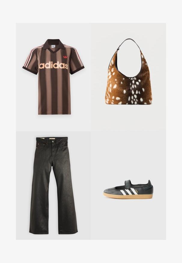 Pruunide triipudega Adidas polotee, V-kaelusega, bordeau krae ja punase logoga. Omad valge ja punase triibuga õlad ning lühikesed varrukad.; Mustad denim laiade jalatsid, millel on sile tekstuur, viie taskuga ja pronksist detailid. Klassikaline nööp-kinnitus.; Mustmust ja sametist sneaker, millel on Velcro rihm, kolm valget triipu ja kummi tallad, küljel on silt "SAMBA".; Pruuni ja musta käekott valge laikudega karusnahast tekstuuriga ja ühe musta õlarihmaga ühevärvilisel taustal.