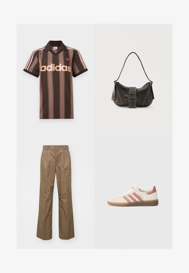 Pruunide triipudega Adidas polotee, V-kaelusega, bordeau krae ja punase logoga. Omad valge ja punase triibuga õlad ning lühikesed varrukad.; Pruunid, laiad püksid, mis on valmistatud tugevast kangast. Omavad eesplekke, siledat tekstuuri ja klassikalist vöökoha disaini.; Beežist sametnöörist toss roosade detailidega, kolme roosa triibu, valgete paelade ja läbipaistva kummist tallaga. Küljel on "Spezial" bränding.; Mustast nahast õlakott pandlanööriga detailiga, kõverate servade ja kontrastse valge õmblusega tavalise tausta peal.