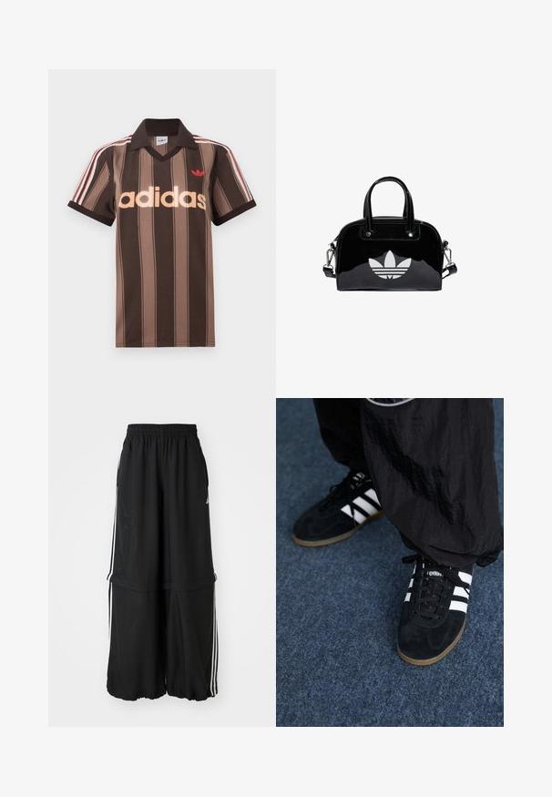 Hnedé prúžkované polo tričko Adidas s výstrihom do V, bordovým golierom a červeným logom. Má bielo-červené pruhy na ramenách a krátke rukávy.; Čierne športové nohavice s elastickým pásom, bočnými prúžkami a voľným strihom so zúženým lemom pre vzdušný siluetu.; Čierne roháčiky z semišu so tromi bielymi pruhmi a čiernymi šnúrkami. Texturované čierne nohavice sú čiastočne viditeľné vedľa topánok.; Čierna lakovaná kožená kabelka s okrúhlym tvarom, dvojitými hornými rúčkami, striebornými akcentmi a výrazným bielym logom na prednej strane.