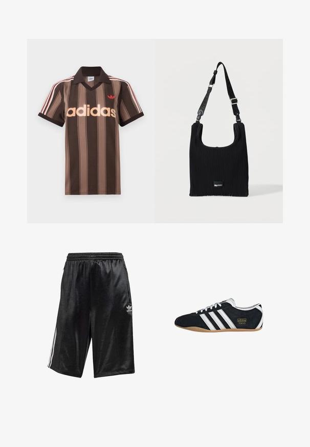 Bruine gestreepte Adidas polo met V-hals, bordeauxrode kraag en rood logo. Heeft witte en rode schouderstrepen, korte mouwen.; Zwarte sportshorts van gladde stof, met een trekkoord in de taille, zijzakken en drie witte strepen langs de zijkanten.; Zwarte suède sneaker met witte drie strepen, gouden logo en een bruine rubberen zool. Heeft een laag profiel vetersluiting ontwerp.; Zwarte verticaal geplisseerde schoudertas met verstelbare riem en klein rechthoekig logo op de voorkant in het midden.