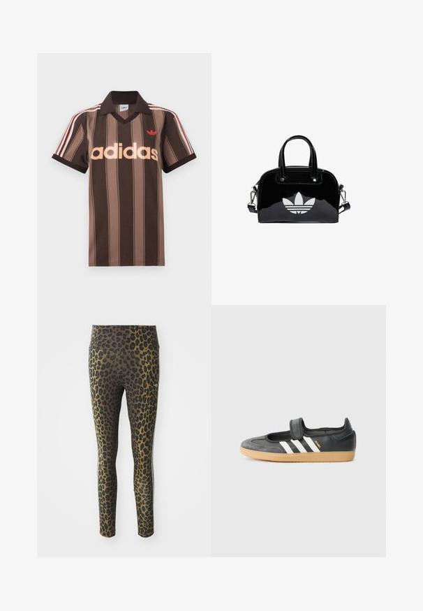 Brunstribet Adidas polo-shirt med V-hals, bordeaux krave og rødt logo. Har hvide og røde skulderstriber samt korte ærmer.; Pletterede leggings med høj talje, strækbart stof og sorte accenter på en lys brun bund, designet til komfort og pasform.; Sort læder- og ruskinds sneakers med en Velcro-rem, der har tre hvide striber og en gummisål, mærket "SAMBA" på siden.; Sort patentlæder håndtaske med rund form, to top-håndtag, sølvdetaljer og en fremtrædende hvid logo på fronten.