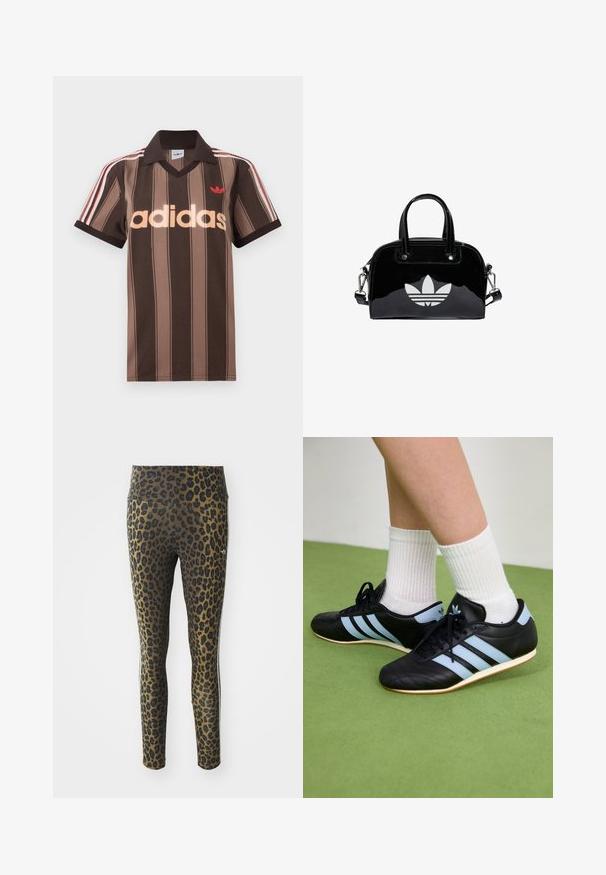 Hnedé prúžkované polo tričko Adidas s výstrihom do V, bordovým golierom a červeným logom. Má bielo-červené pruhy na ramenách a krátke rukávy.; Legíny s leopardím vzorom s vysokým pásom, elastickou tkaninou a čiernymi akcentmi na svetlohnedom podklade, navrhnuté pre pohodlie a prispôsobenie.; Čierne kožené športové topánky so svetlomodrými pruhmi, textúrovanými zvrškom a gumovou podrážkou, v kombinácii s bielymi rebrovanými ponožkami na zelenej podlahe.; Čierna lakovaná kožená kabelka s okrúhlym tvarom, dvojitými hornými rúčkami, striebornými akcentmi a výrazným bielym logom na prednej strane.