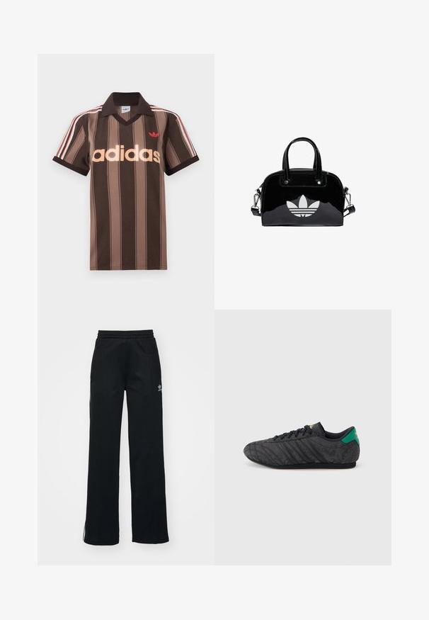 Brunstribet Adidas polo-shirt med V-hals, bordeaux krave og rødt logo. Har hvide og røde skulderstriber samt korte ærmer.; Sorte træningsbukser med en afslappet pasform, snoretræk i taljen, sidelommer med lynlås og diskret hvid branding på venstre ben.; Sort lavprofil sneaker med subtilt blomsterprint, sorte snørebånd, grøn hælflap og guldlogo på tunge og hæl.; Sort patentlæder håndtaske med rund form, to top-håndtag, sølvdetaljer og en fremtrædende hvid logo på fronten.