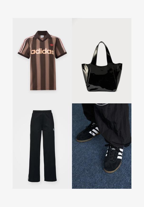 Pruunide triipudega Adidas polotee, V-kaelusega, bordeau krae ja punase logoga. Omad valge ja punase triibuga õlad ning lühikesed varrukad.; Mustad mustat spordipüksid, vabalt istuv, paelaga talje, külgedel lukuga taskud ja vasakul jalal diskreetne valge brändimine.; Mustad nahast spordijalatsid kolme valge triibuga ja mustade kingapaeltega. Kingade kõrval on osaliselt nähtavad tekstureeritud mustad püksid.; Must läikiv lakknahast käekott laia käepidemega ja väikese ovaalse logoga esiküljel, esitatud ühevärvilise tausta ees.