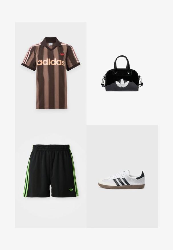 Braunes gestreiftes Adidas-Poloshirt mit V-Ausschnitt, bordeauxrotem Kragen und rotem Logo. Mit weißen und roten Schulterstreifen, kurzen Ärmeln.; Schwarze Sportshorts mit einem Kordelzugbund, die auf jeder Seite drei vertikale grüne Streifen und das grüne Adidas-Logo aufweisen.; Weißer Mesh-Sneaker mit schwarzen Streifen, beiger Wildleder-Kappe an der Spitze und am Absatz, strukturierter Gummisohle und weißen Schnürsenkeln. Klassisches Low-Top-Design.; Schwarze Handtasche aus Lackleder mit abgerundeter Form, doppelten Tragegriffen, silbernen Akzenten und einem auffälligen weißen Logo auf der Vorderseite.